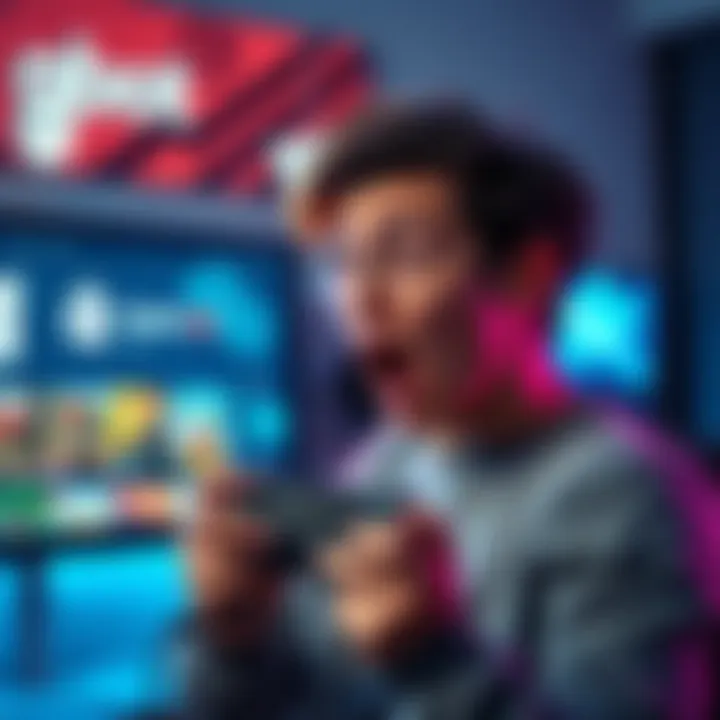 A gamer looking surprised while seeing a screen displaying sale offers on GoG, with a game controller in hand
