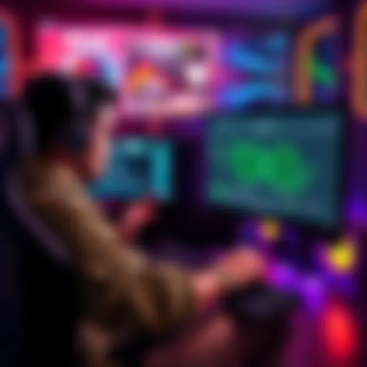 A gamer sitting in front of a computer, looking at graphics cards on a forum for advice on upgrading from RTX 3070 to RTX 5070.