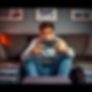 Gamer holding a controller A person sitting on a couch, holding a gaming controller with a focused look, surrounded by video game cases and a console.