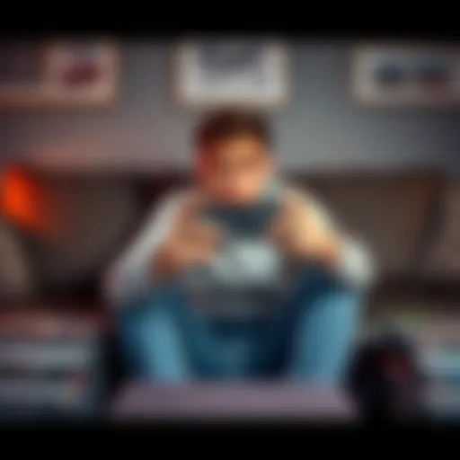 Gamer holding a controller A person sitting on a couch, holding a gaming controller with a focused look, surrounded by video game cases and a console.