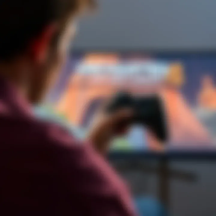 A player intensely focused, holding a game controller with Uncharted 4 and Lost Legacy displayed on a large screen