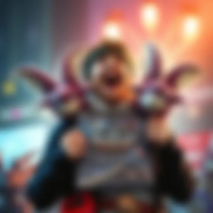 Gamer holding Monster Hunter game A dedicated gamer excitedly holds the Monster Hunter game, surrounded by plush wyverian ears and game merchandise.