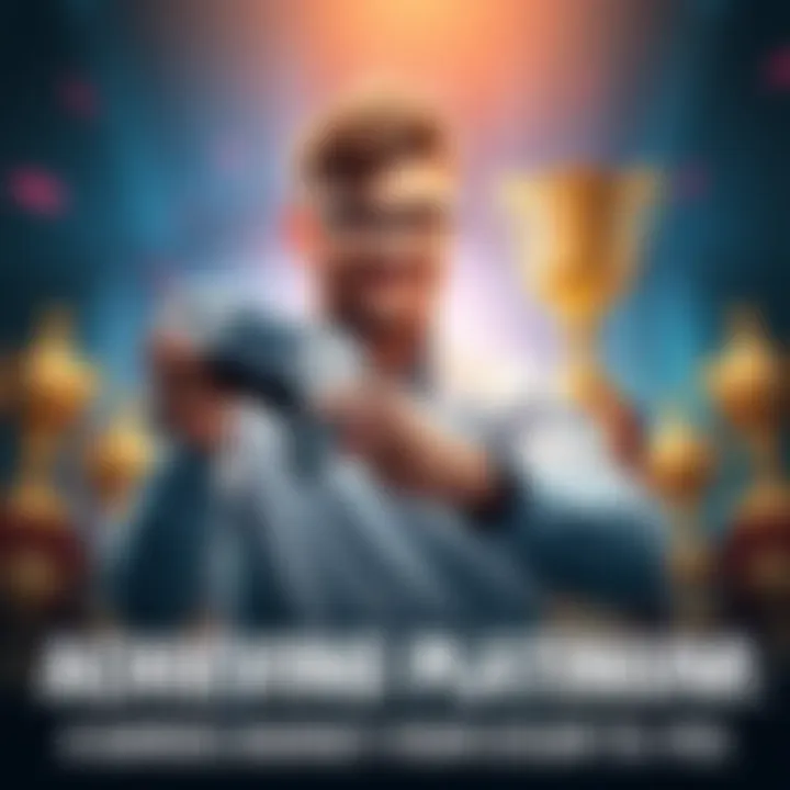 Gamer holding PS5 controller with trophies A dedicated gamer celebrating their achievement of earning a Platinum Trophy on PS5, holding a controller in one hand and surrounded by gaming trophies in the background.