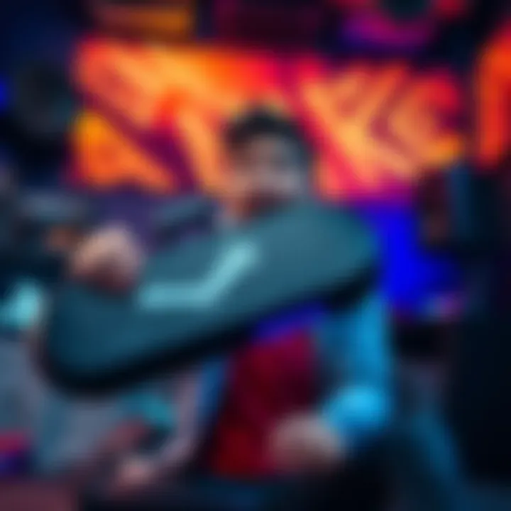 A gamer excitedly holding a Steam Deck console with a thoughtful expression, showcasing a gaming setup with a PS5 nearby