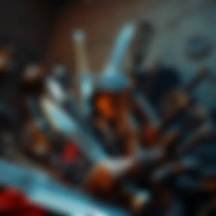 A gamer surrounded by different types of weapons, showing a mix of swords and guns, indicating hoarding behavior