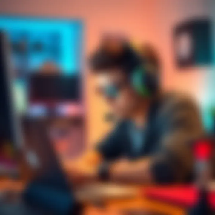A dedicated gamer wearing a headset, intensely playing a video game, with a laptop in a home office setting