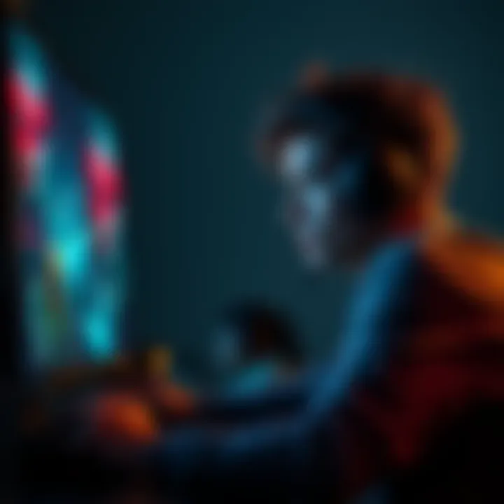 A gamer sitting in front of a screen, looking focused while playing a horror game with scary visuals, showing tension and determination.