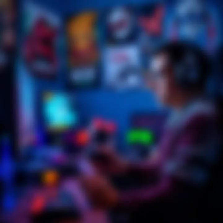 A focused gamer playing a video game, surrounded by gaming gear and posters