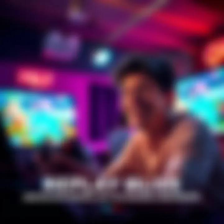 Gamer immersed in gameplay A person smiles while playing a video game, with scenes from the game visible on the screen, showcasing vibrant colors and exciting action.