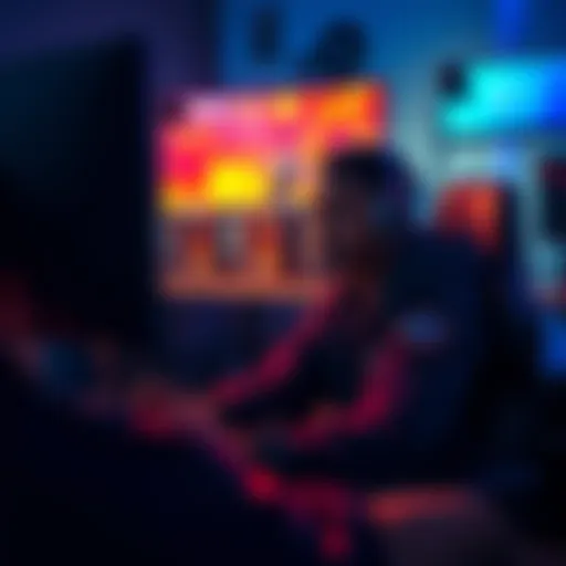 A gamer playing Battlegrounds with a focused expression, surrounded by gaming equipment and a screen displaying gameplay