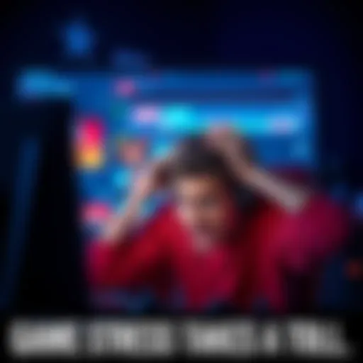 A gamer sitting in front of a screen, looking stressed and overwhelmed while playing a video game, with a shocked expression and hands on their head.