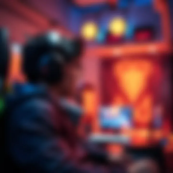 Player wearing IEMs in gaming setup A gamer using in-ear monitors in a bright gaming room, focused on the screen while playing Arc Raiders.