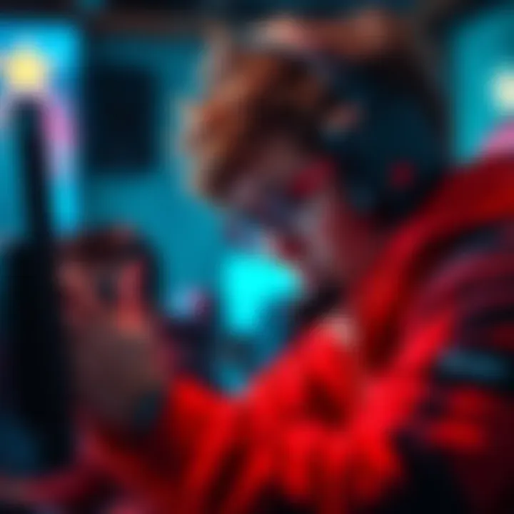 Gamer in intense gameplay with no microphone A gamer shows frustration while playing a competitive game without a microphone, feeling vulnerable as other players shoot on sight.