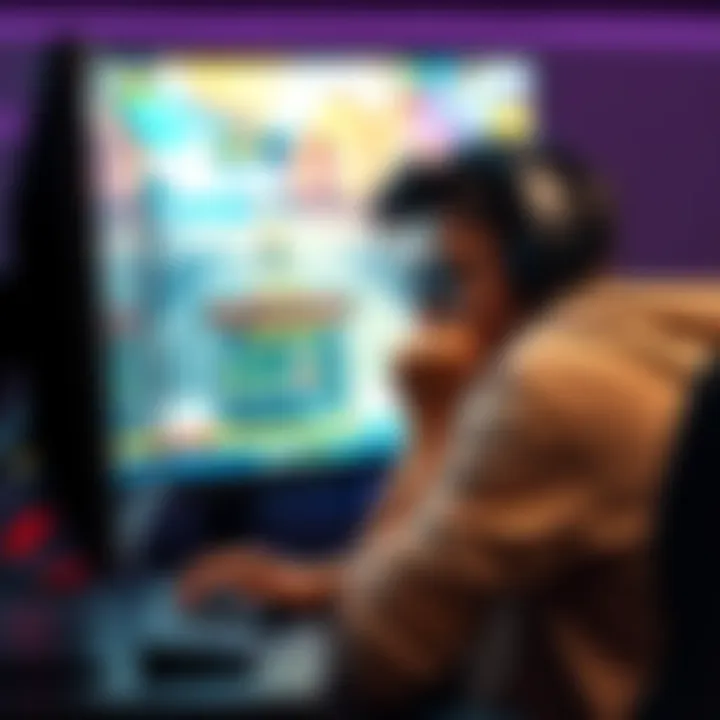 A frustrated gamer sitting in front of a computer, showing signs of distress during an online tournament, with game graphics on the screen