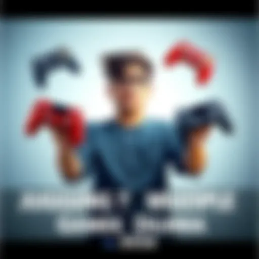 A gamer holds multiple game controllers representing various popular titles like Smash and FF7, looking stressed while trying to manage game time.