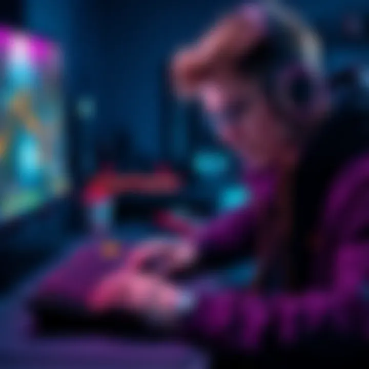 A gamer intensely focused, playing on a console with a keyboard and mouse setup.