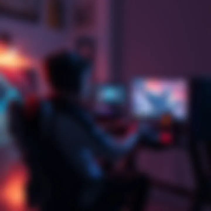 A gamer sitting at a desk with a high-end PC showing performance issues while playing Split Gate Two, with frame drops visible on the screen