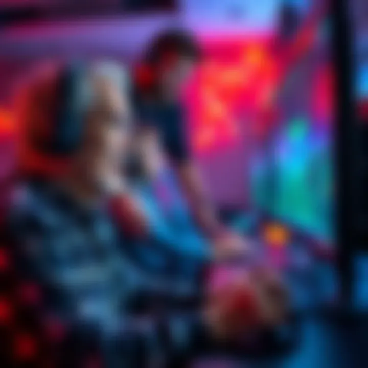 A middle-aged gamer enjoying a game on a high-resolution monitor during a LAN party with friends