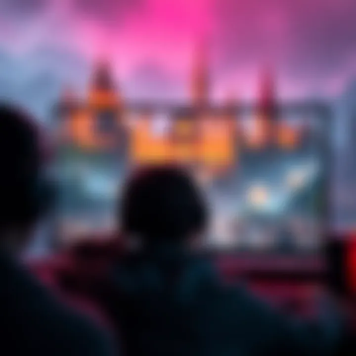 A gamer looking at a computer screen displaying a fantasy game setting with the Last City visible in the background