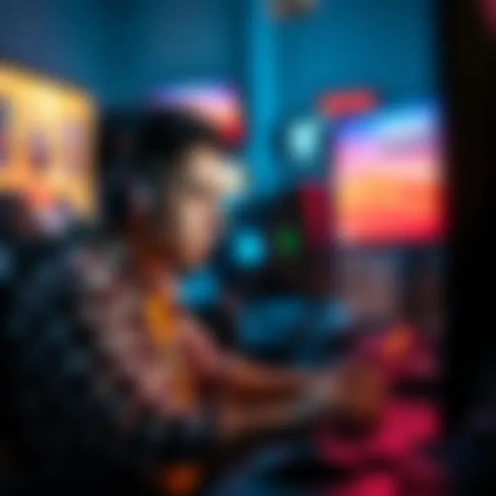 A gamer looking frustrated at their computer, with a loading screen visible, representing high latency in gaming