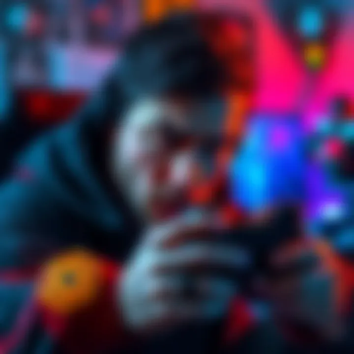 A gamer looks frustrated with a controller, surrounded by game elements like loot and bots