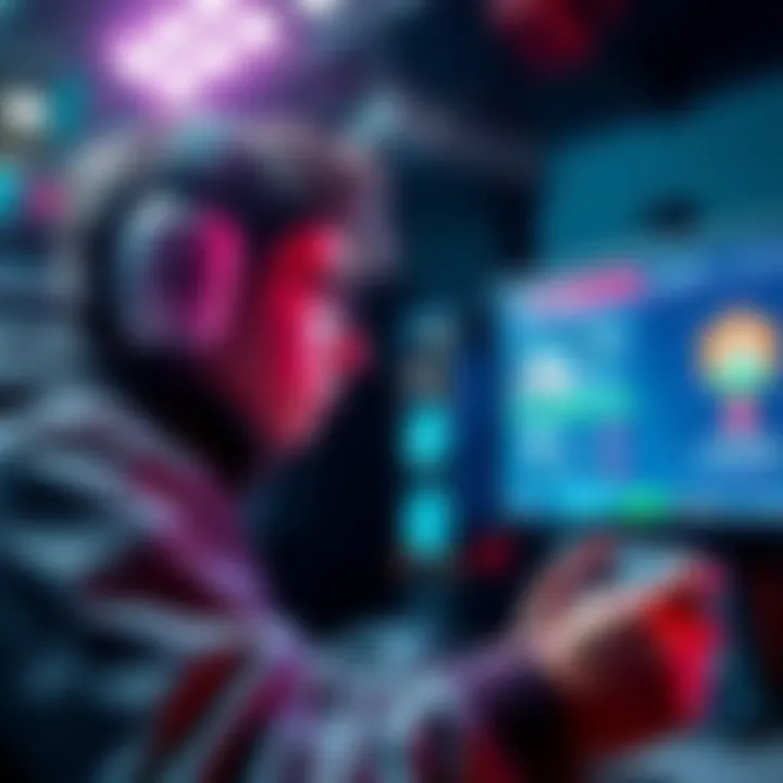 Gamer leveling up skills A gamer focused on upgrading their character's skills and weapons, with a game controller in hand and a screen displaying progress.