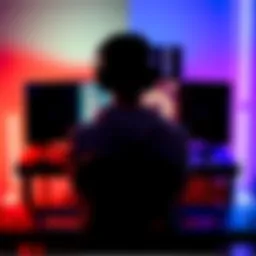 A person sitting at a gaming setup, with one side lit up and the other side in darkness, illustrating the debate of gaming with lights on vs. off