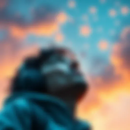 A gamer gazes up with a puzzled expression, noticing game elements resembling strands in the sky.