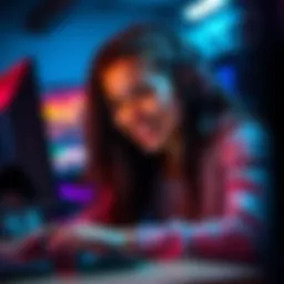 A young woman wearing headphones, smiling while playing video games on a computer, showing excitement and connection with gaming.