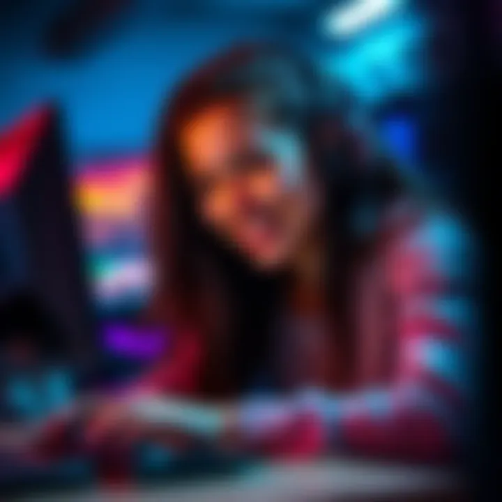 A young woman wearing headphones, smiling while playing video games on a computer, showing excitement and connection with gaming.