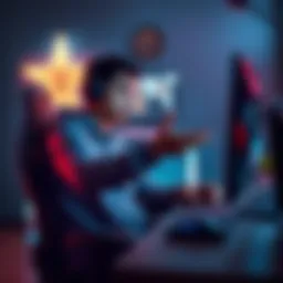 A 22-year-old sitting at a desk with a gaming setup, reaching out for companionship while gaming.