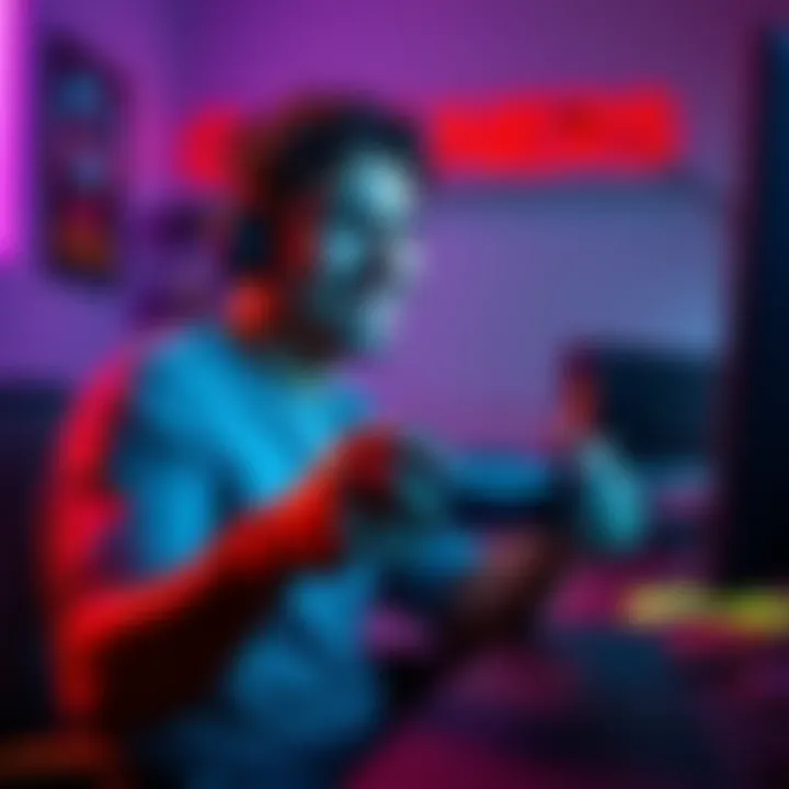 A 34-year-old man with a gaming controller, sitting in front of a computer, smiling and inviting fellow gamers to join him for multiplayer gaming.