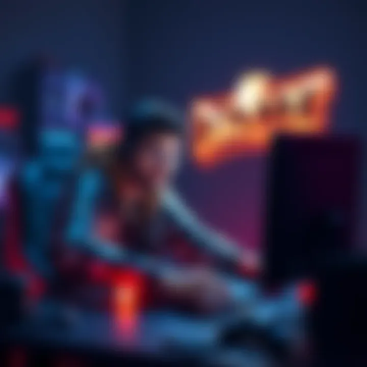 A gamer sitting in front of a computer screen, pondering what game to play next, with gaming accessories around.