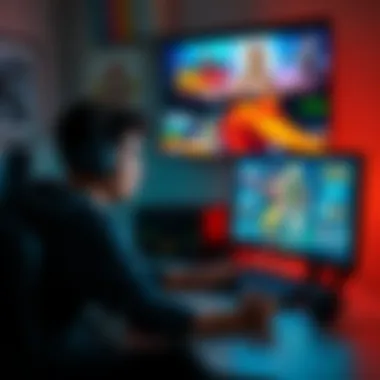 A gamer sits at a desk, looking frustrated while playing a video game on a computer. Various game titles are displayed on the screen, illustrating the search for a new game to play.