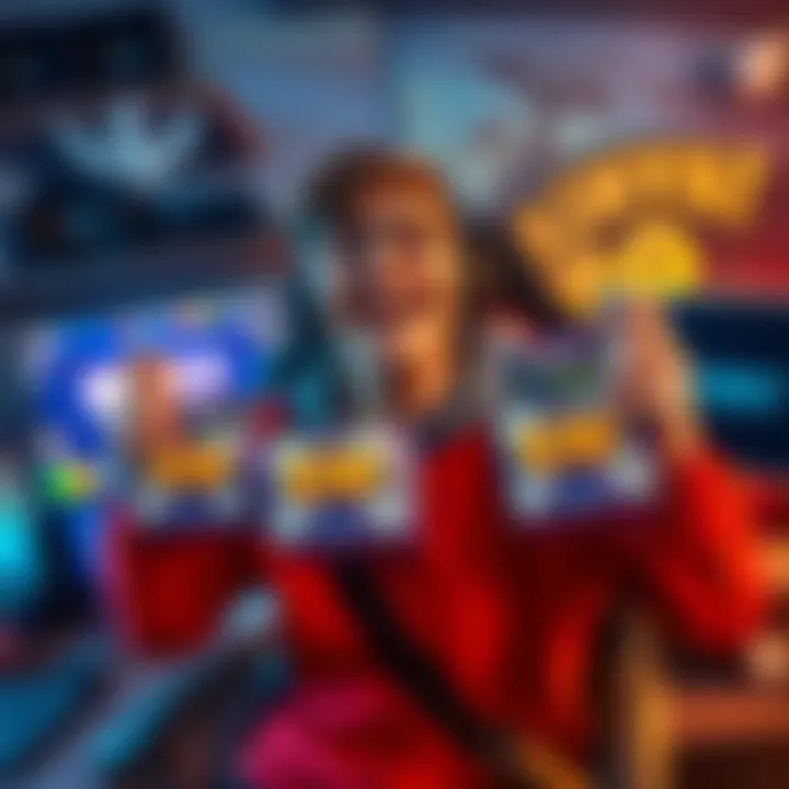 A joyful gamer shows off new Kiri skins from lootboxes, with excitement in their expression and gaming setup in the background.