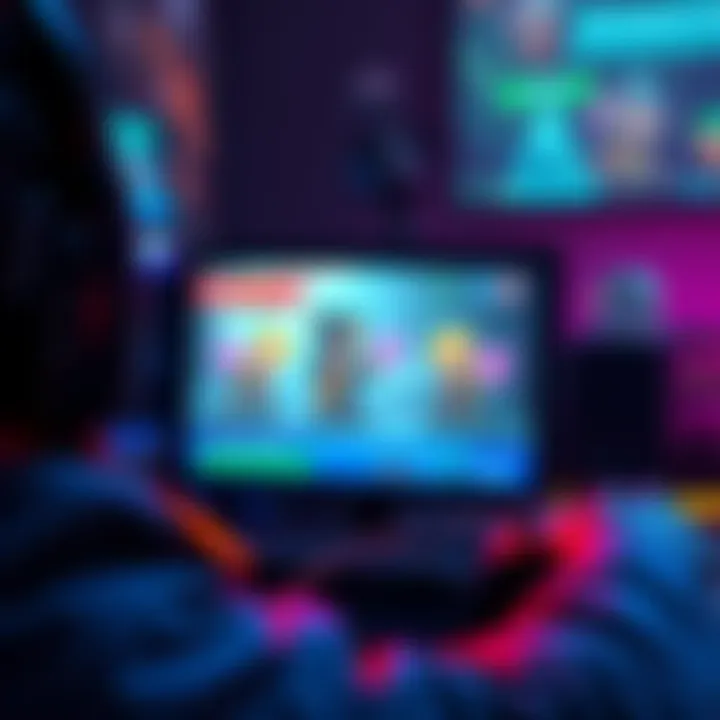 Gamer losing in a multiplayer game A gamer looks frustrated at their screen after a sudden defeat, with sprite characters on display and a team chat in the background.