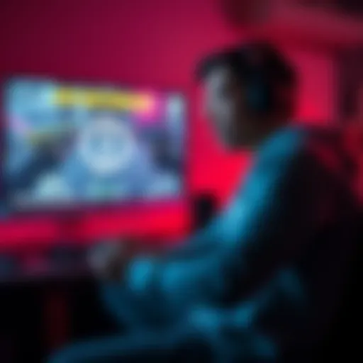 Gamer frustrated with low gun damage A gamer sits in front of a computer screen, looking disappointed while holding a gaming controller. The screen shows a low gun damage indicator in a shooting game.