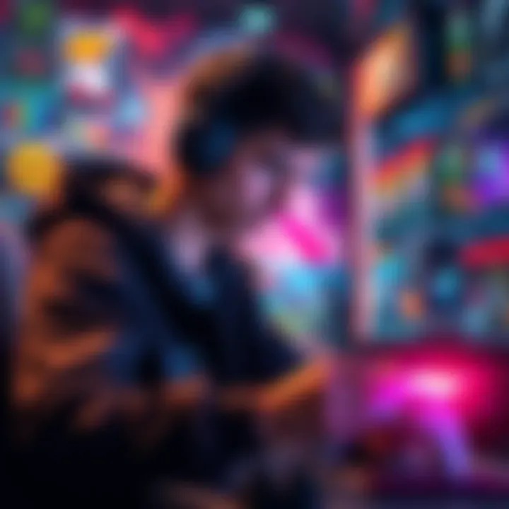 A gamer organizing various items on a screen while looking focused and determined