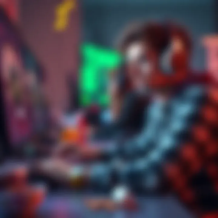 A gamer intently playing a long-duration game on a computer, surrounded by snacks and drinks, showing a serious expression.