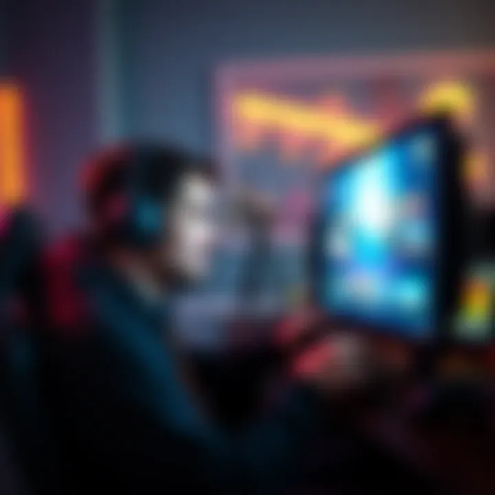 A 34-year-old gamer focused on a computer screen during an 8-hour gaming session, showing excitement and nostalgia from past gaming experiences.