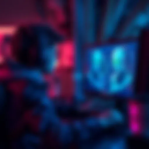 A gamer sits at a computer, focused on the screen displaying matchmaking options and safety settings in a game.