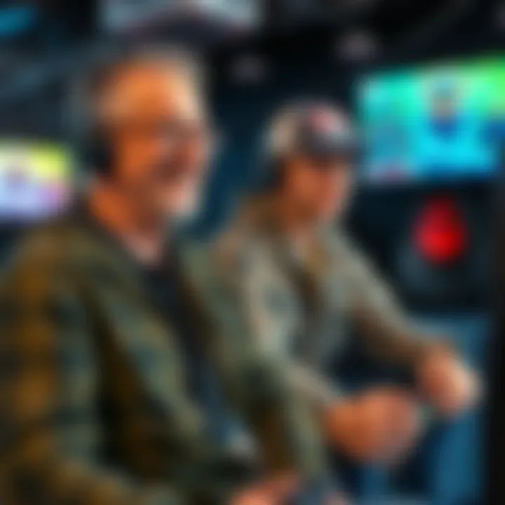 An experienced gamer in casual attire missing a shot in a video game, looking amused and slightly frustrated, with gaming setup in the background.