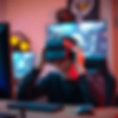 A person holding their head in discomfort while playing a first-person game on a computer
