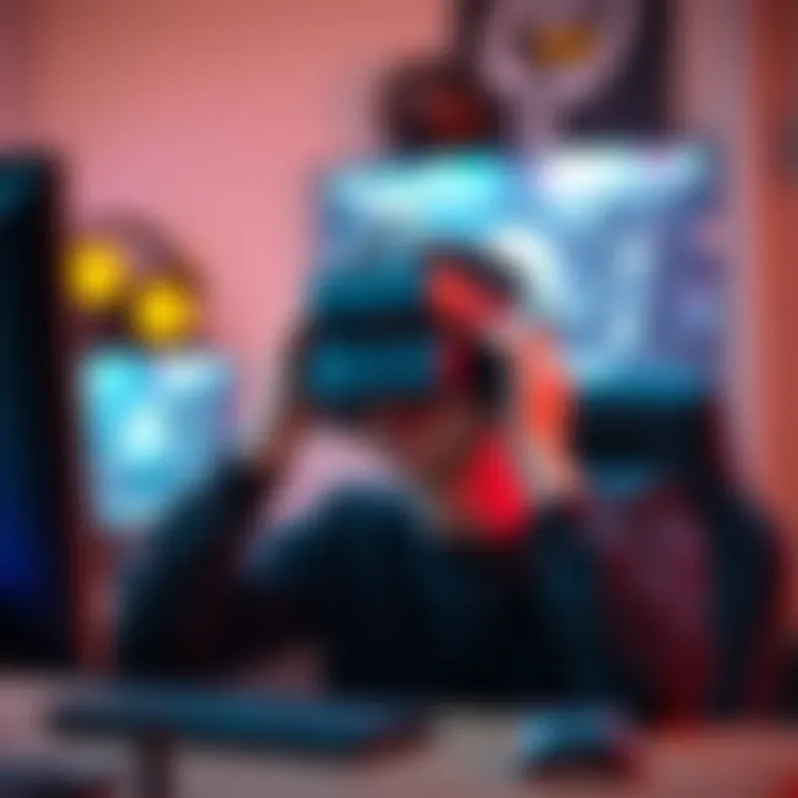 A person holding their head in discomfort while playing a first-person game on a computer