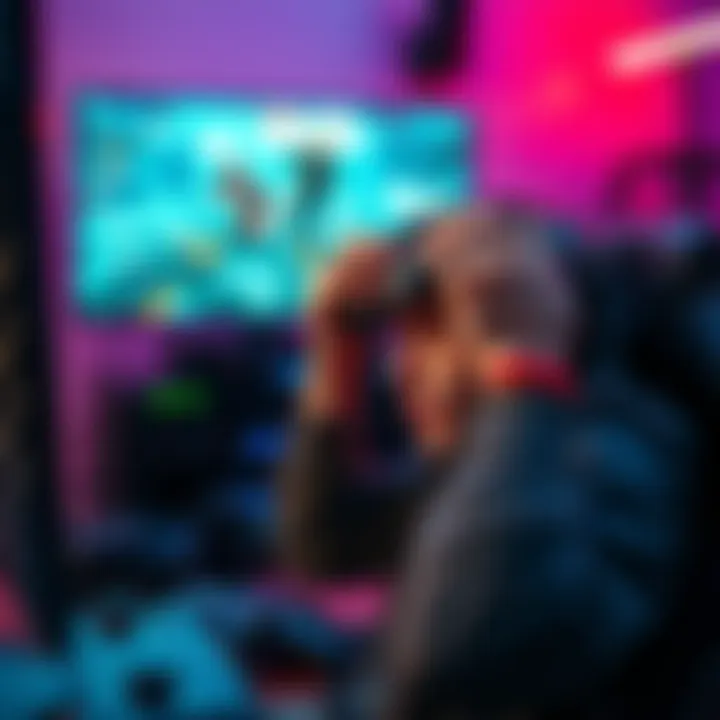Gamer Experiencing Motion Sickness A gamer looks distressed while playing a first-person shooter game, holding their head in discomfort, with a gaming console and screen visible in the background.
