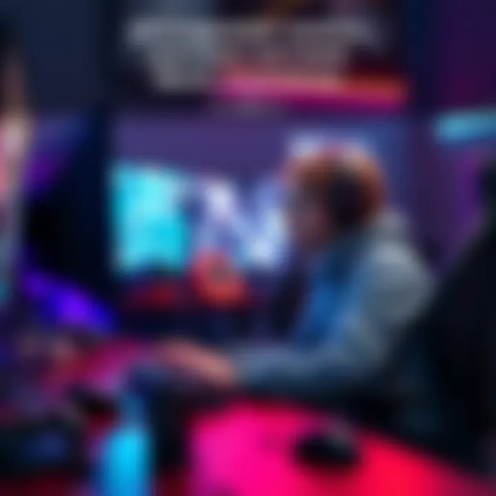 A gamer sits at a desk with a console and screen, looking visibly uncomfortable while playing a game, surrounded by gaming accessories.