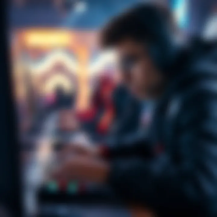 A focused gamer playing a video game with a mouse and keyboard setup, showing determination on their face as they aim for Master rank during a solo queue match.