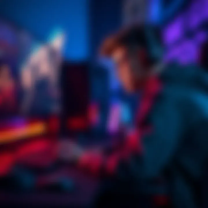 Gamer adjusting mouse settings A gamer sitting at a desk, focused on adjusting mouse settings for better gameplay, with a gaming setup in the background.