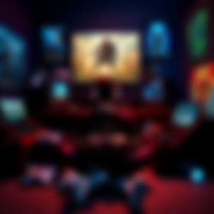 A gamer sitting in front of multiple gaming consoles, playing Dark Souls 2 and Elden Ring, surrounded by game posters and snacks.