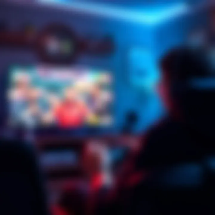 Person playing a video game while watching a show A gamer focused on a screen, playing a long-lasting game with a TV show playing in the background